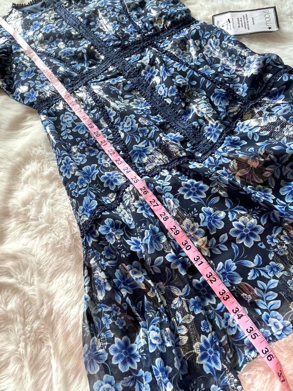 NWT Eliza J. Navy Blue & Silver Floral Ruffled Long Puff Sleeve Dress - Picture 8 of 16